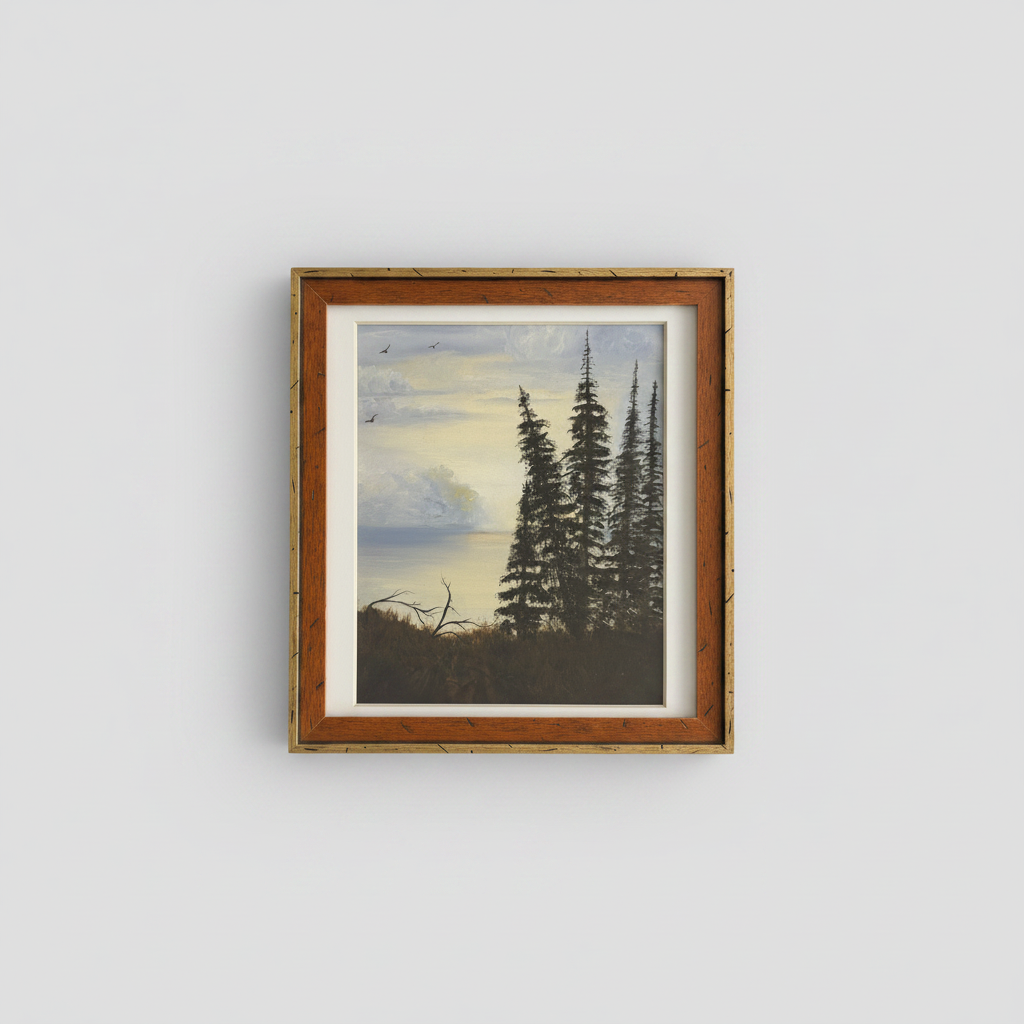 Framed lakeside evergreens original — square gallery format