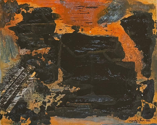An abstract expressionist painting featuring bold black and orange brushstrokes with textured gold and gray accents, presented in a white wooden frame with a gray mat.