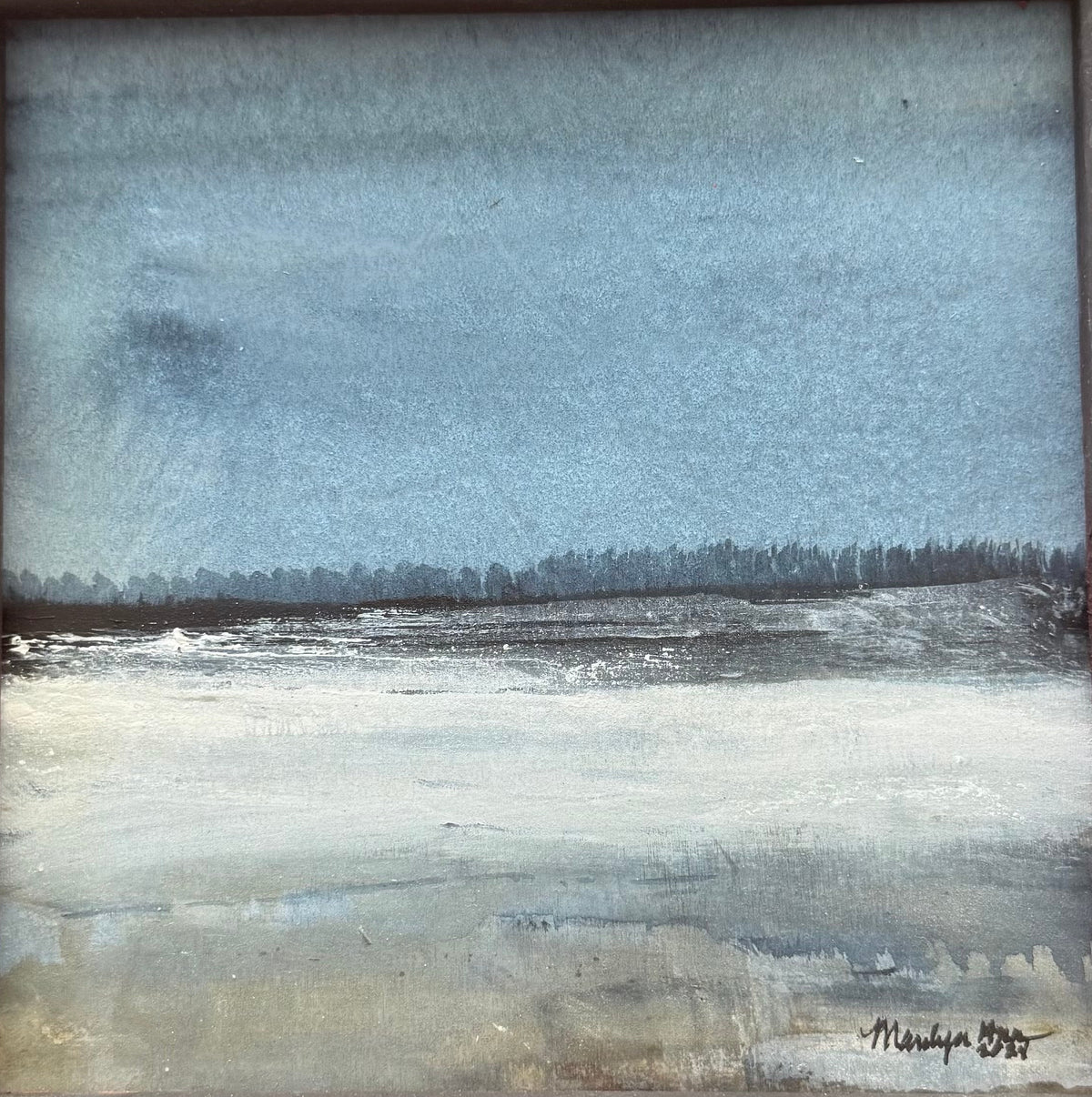 A framed landscape painting featuring a muted blue sky and a pale, icy field, housed in a distressed dark brown wooden frame.