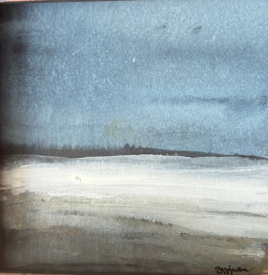 A framed landscape painting showing a snowy field under a blue-gray sky, housed in a distressed dark brown wooden frame.