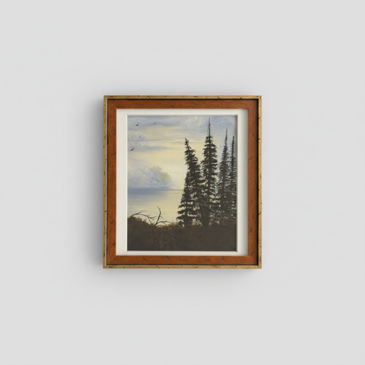 Framed lakeside evergreens original — square gallery format